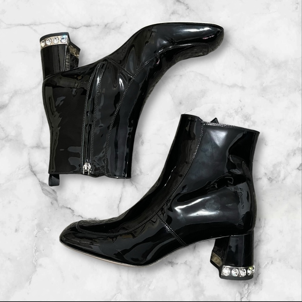 Miu Miu‎ Black Patent Leather 65 Ankle Boots Size 38